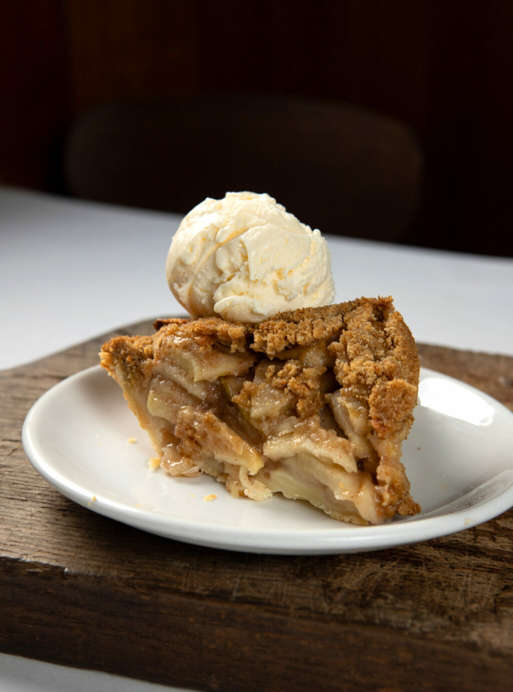 Apple Crumb pie with ice cream at Hazel Restaurant in Occidental, Friday, January 24, 2025. Pies at Hazel are baked once a week every Friday. (Darryl Bush / For The Press Democrat)