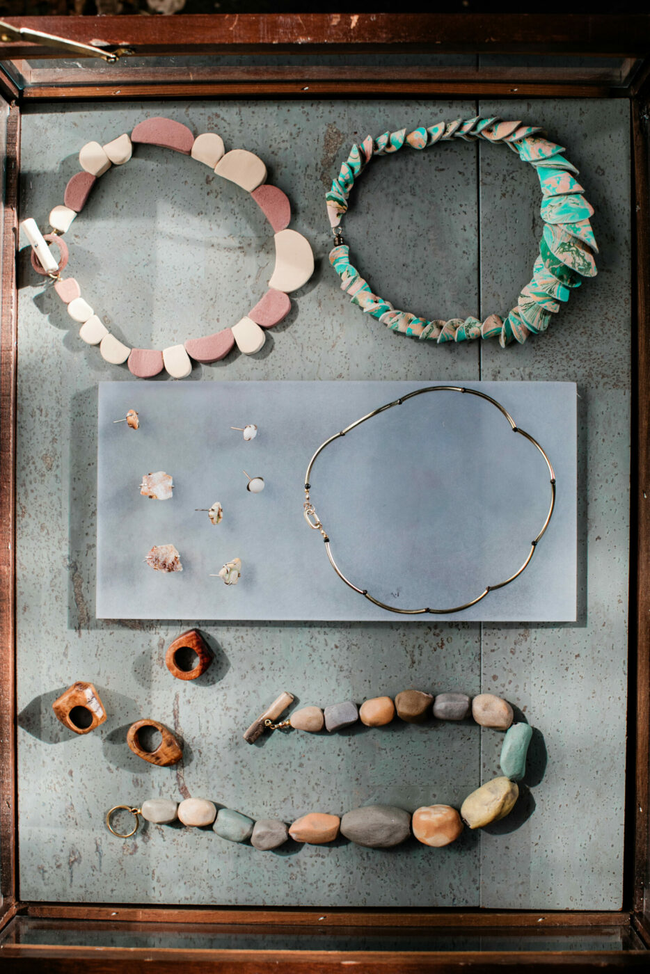 Some of Morgania Moore’s designs, in ceramic, stone and marble-dyed leather. (Eileen Roche / Sonoma Magazine)