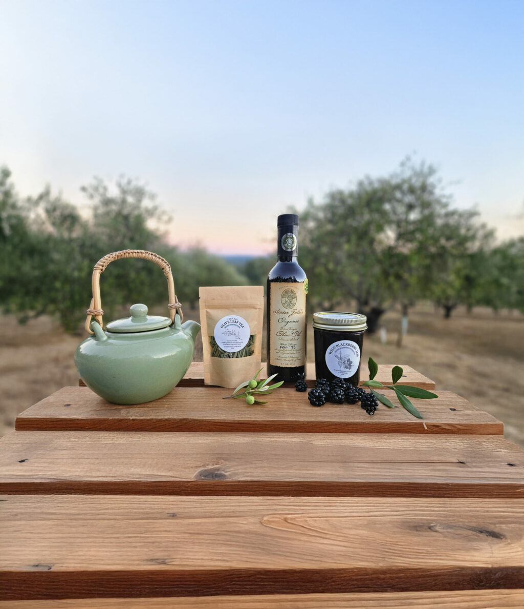 Olive leaf tea, olive oil and blackberry jam at Starcross Family Confraternity Farm in Annapolis. (Courtesy)