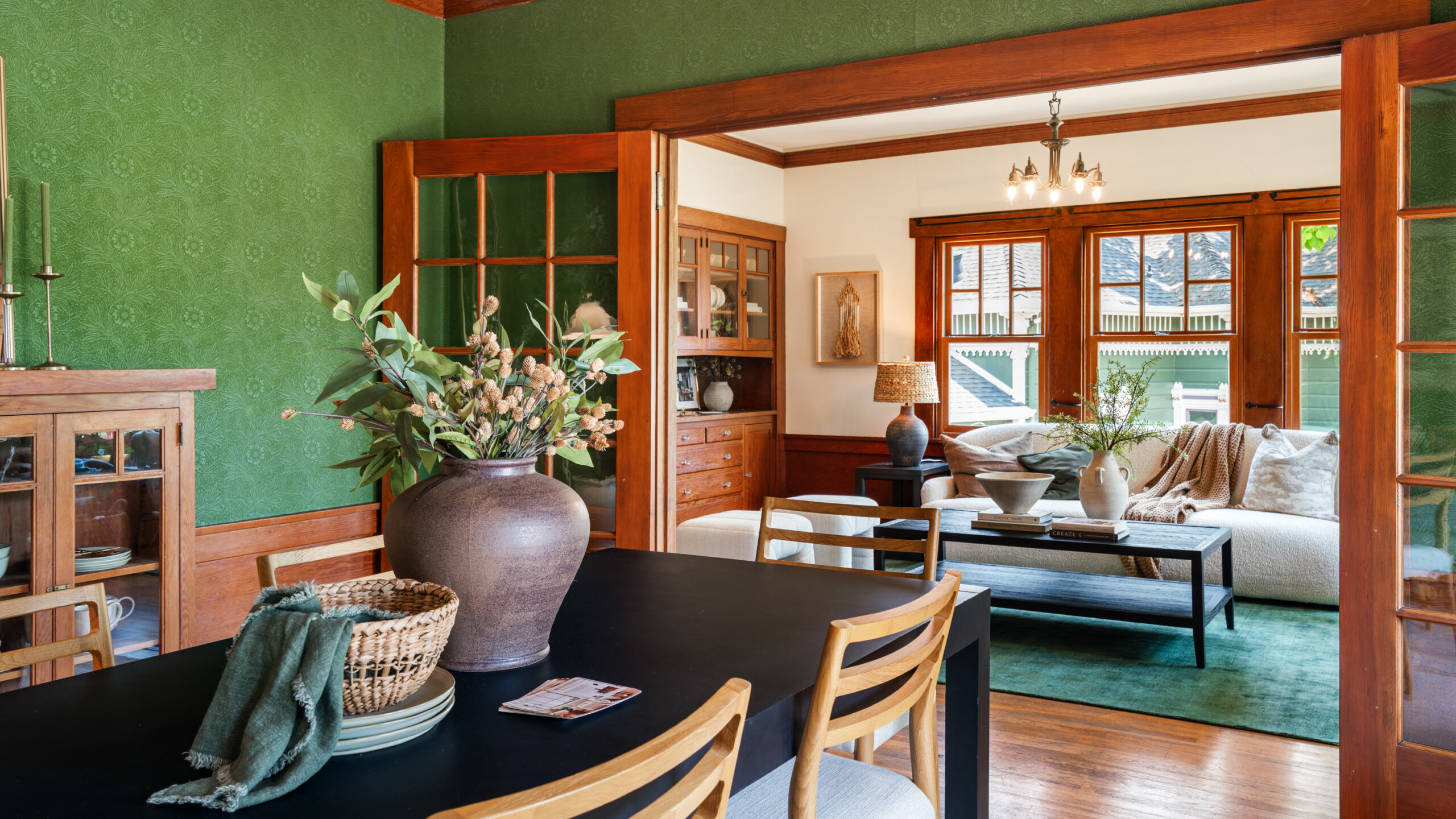 Dining room and living room in Petaluma Craftsman home