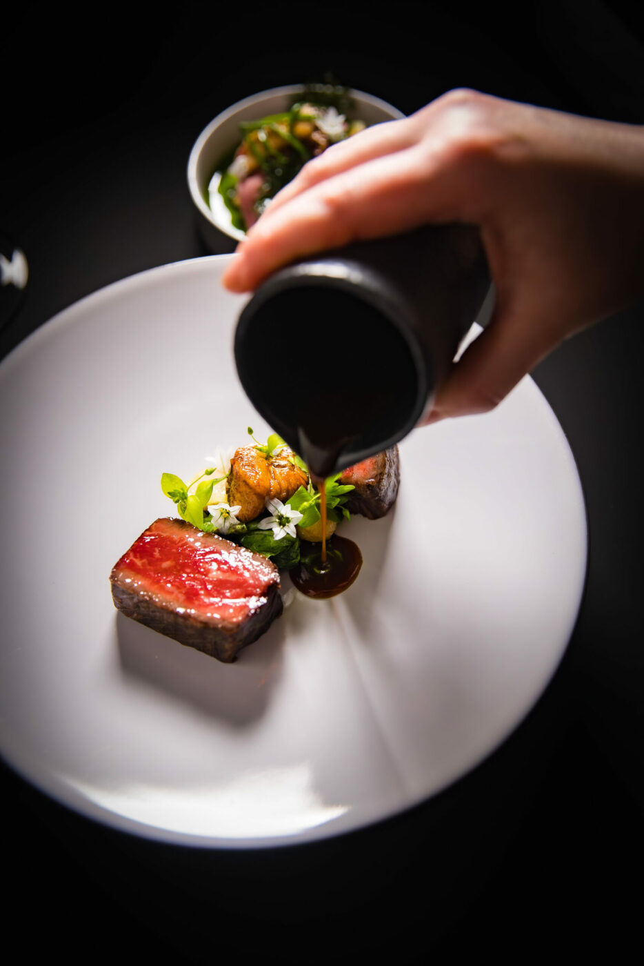American wagyu with smoked carrot, wasabi glaze and carrot-kosho vinaigrette at PRESS Restaurant Napa Valley in St. Helena. (John Troxell/Courtesy Suited Hospitality)