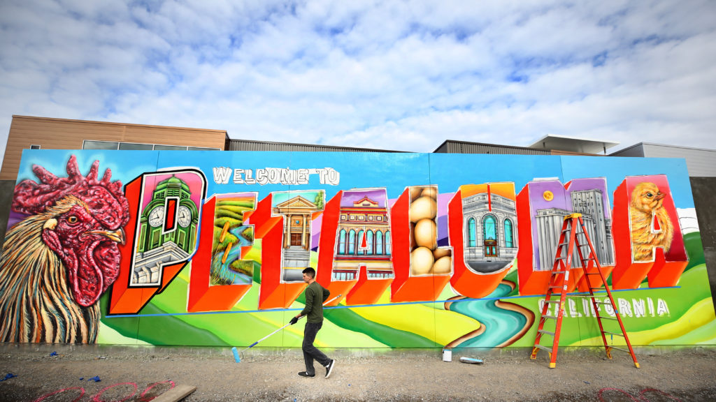 Mural artist Maxfield Bala works on his "Welcome to Petaluma" mural project on Petaluma Boulevard South along Highway 101 in Petaluma on Monday, January 28, 2019. (Beth Schlanker / The Press Democrat)