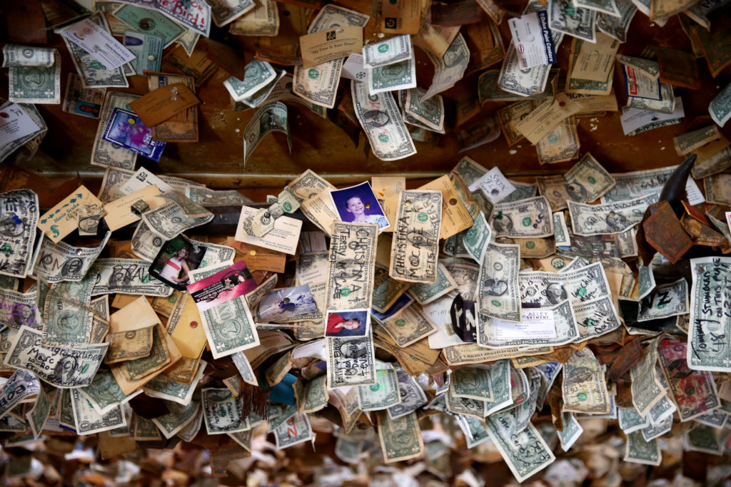 Personalized dollar bills hang from the ceiling at Washoe House in Petaluma on Wednesday, November 21, 2018. (Beth Schlanker / The Press Democrat)