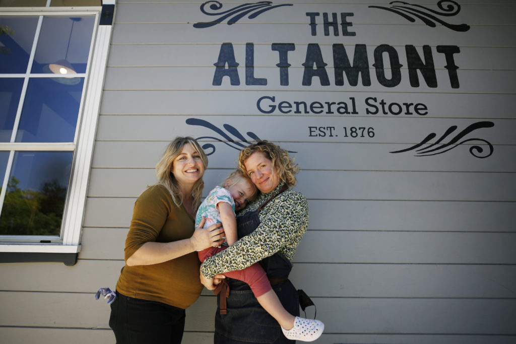 Andzia Hofftin, left, her wife Jenay Hofftin and their daughter Ever, 2, at The Altamont General Store in Occidental. (Beth Schlanker/Sonoma Magazine)
