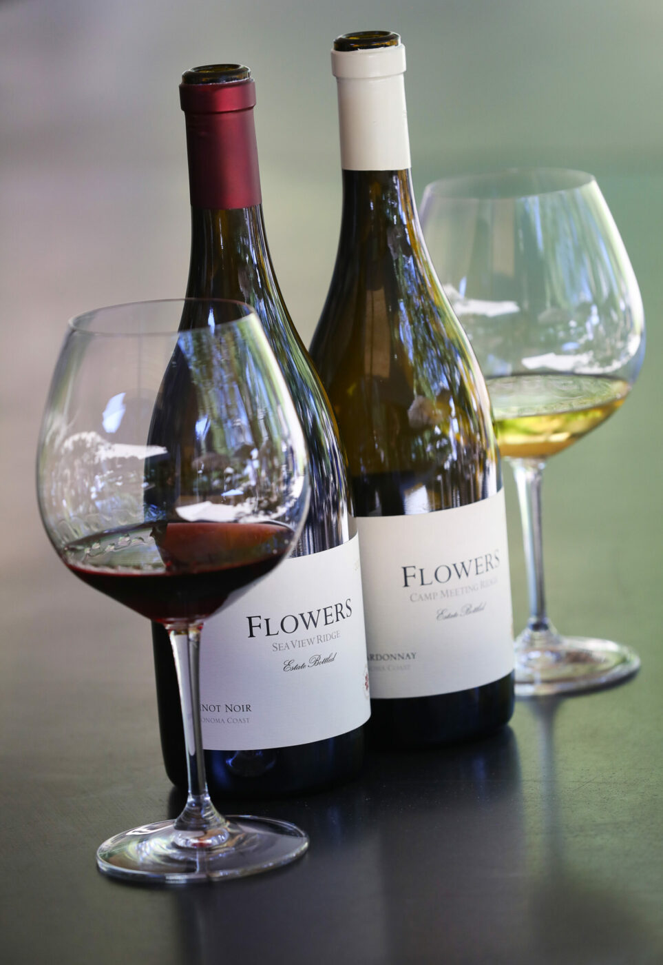Flowers Vineyards & Winery Pinot Noir and Chardonnay, both 2023, near Healdsburg on Friday, July 25, 2025. (Christopher Chung/The Press Democrat)