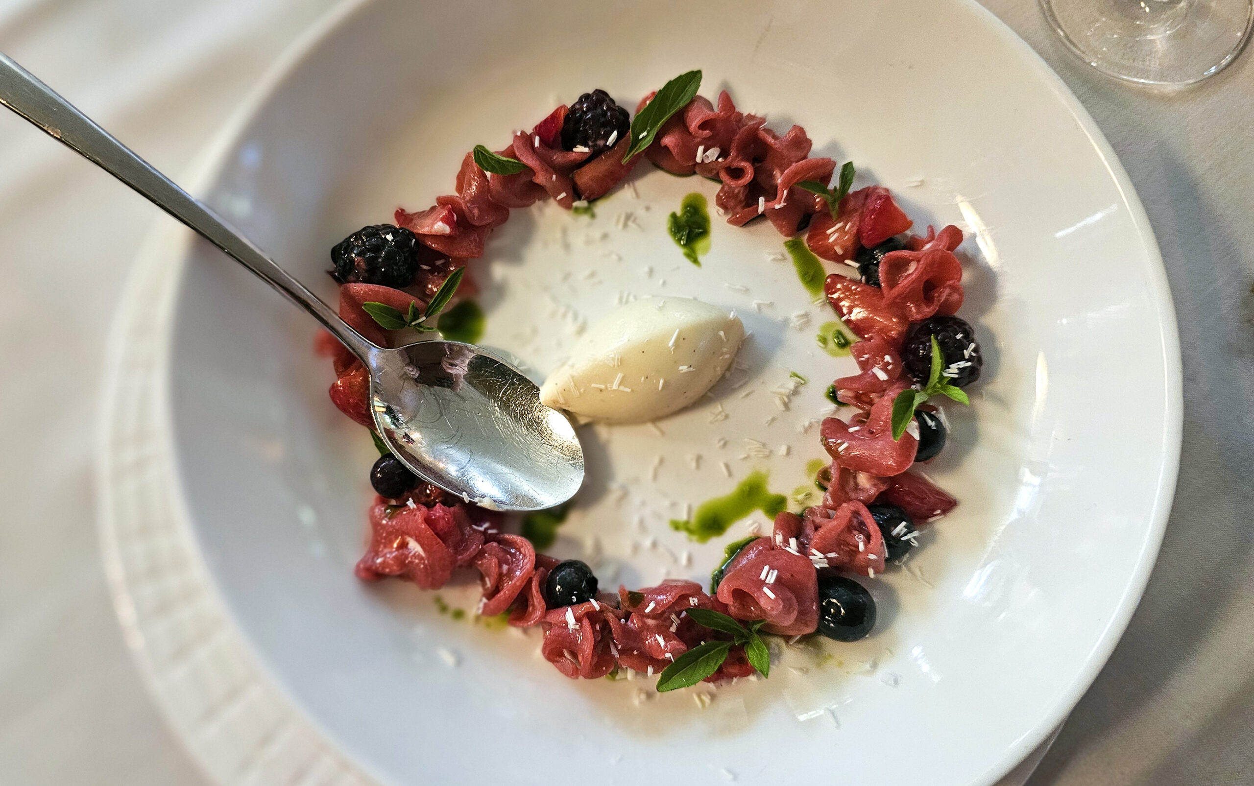 Strawberry nuvole, a dessert pasta, on the Dry Creek Kitchen pasta tasting menu from chef Shane McAnelly. (Heather Irwin/The Press Democrat)