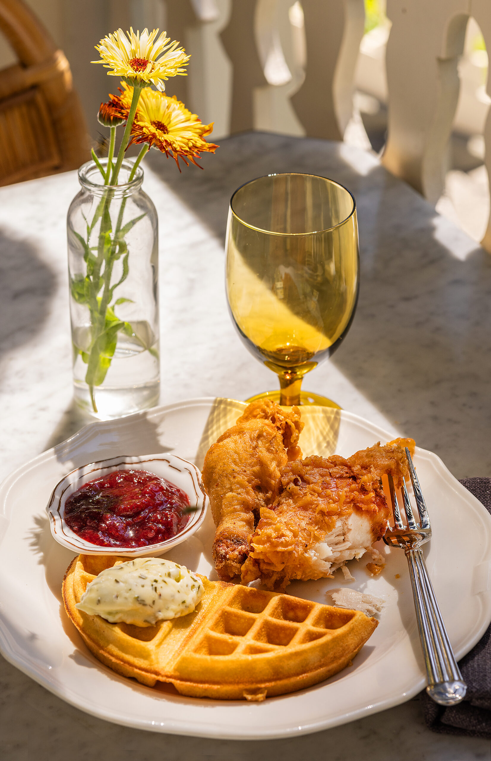 Fried chicken and waffles with strawberry jam and rosemary butter from the weekend brunch menu at The Madrona in Healdsburg, Friday, July 14, 2023. (John Burgess / The Press Democrat)