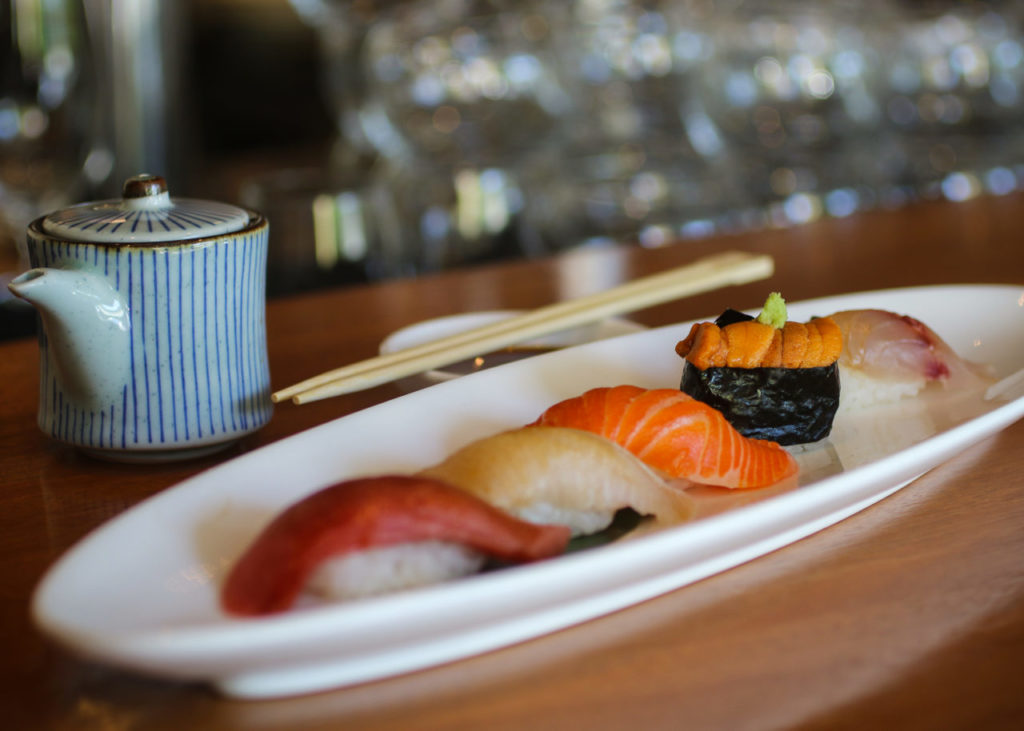 Five-piece nigiri at Sake 107 in Petaluma. (Heather Irwin/The Press Democrat)