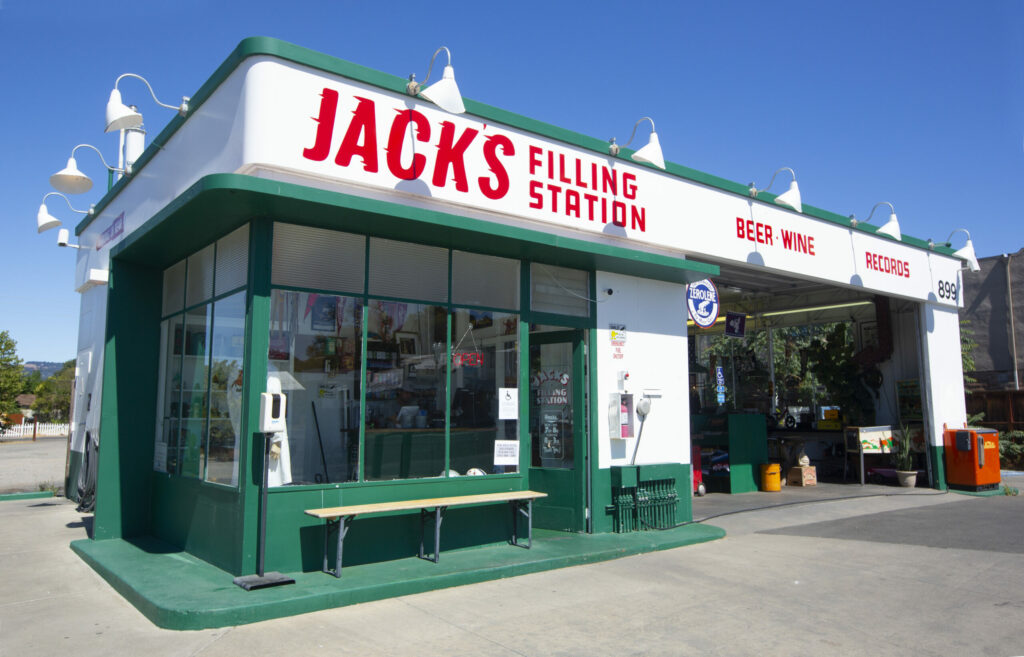 Jack's Filling Station on Broadway in Sonoma not only sells gas, beer and wine, but you can pick up a vintage vinyl record, a canned candle, and any number of sundries and unique items. The retro vibe is prominent throughout the building, and there are many small vintage still life paintings scattered around the store, on Thursday, June 24, 2021. (Photo by Robbi Pengelly)