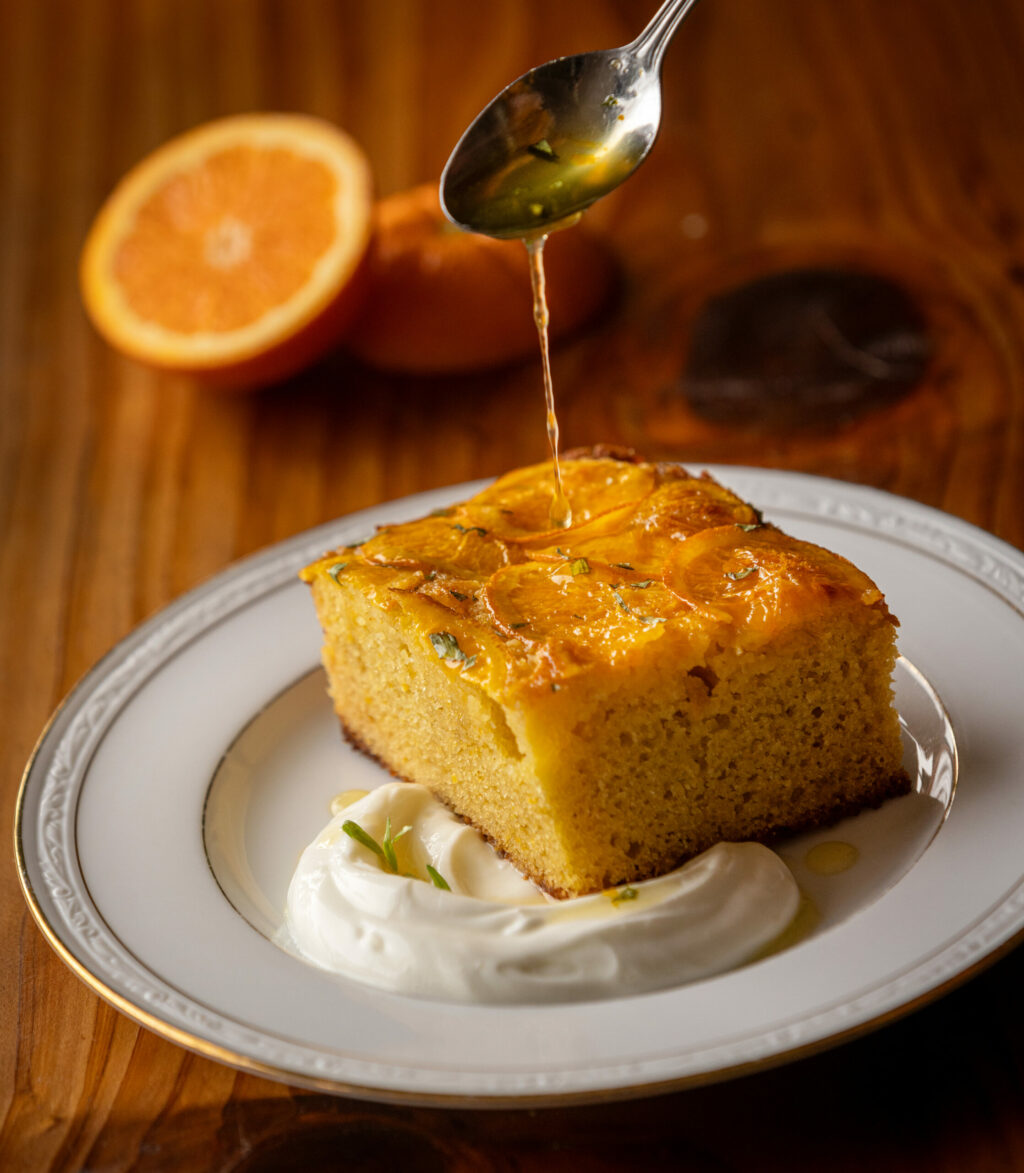 Almond Olive Oil Cake with tangerines, orange blossom yogurt and a drizzle of tangerine tarragon syrup from The Redwood chef/owner Geneva Melby Thursday, February 27, 2025, in Sebastopol. (John Burgess / The Press Democrat)