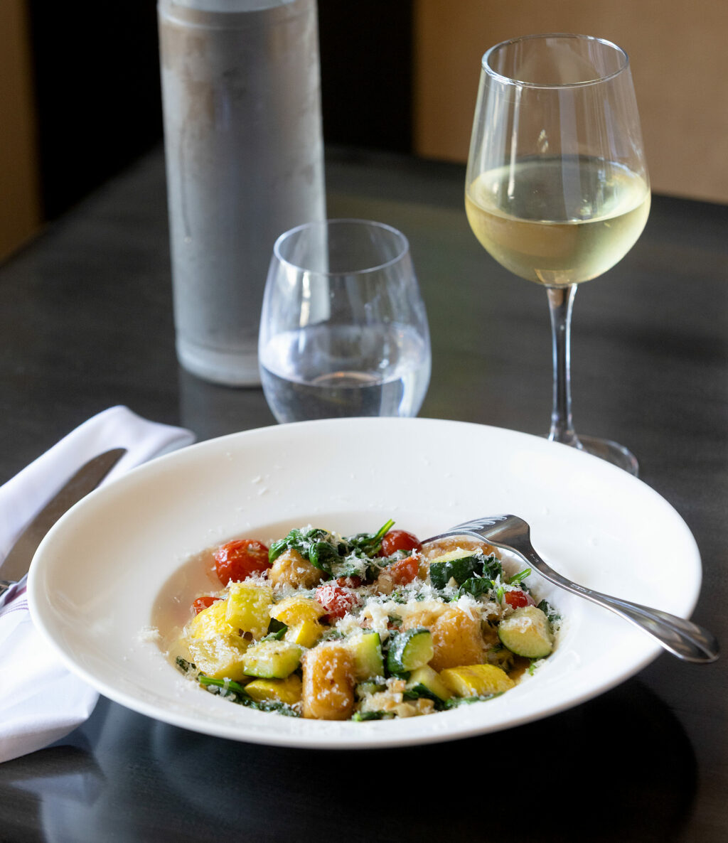 Spring Harvest Gnudi with housemade ricotta dumplings, zucchini, crooked necked squash, cherry tomatoes, spinach and basil from Grata Italian Eatery chef/owner Eric Foster Thursday, May 8, 2025, in Windsor. (John Burgess / The Press Democrat)