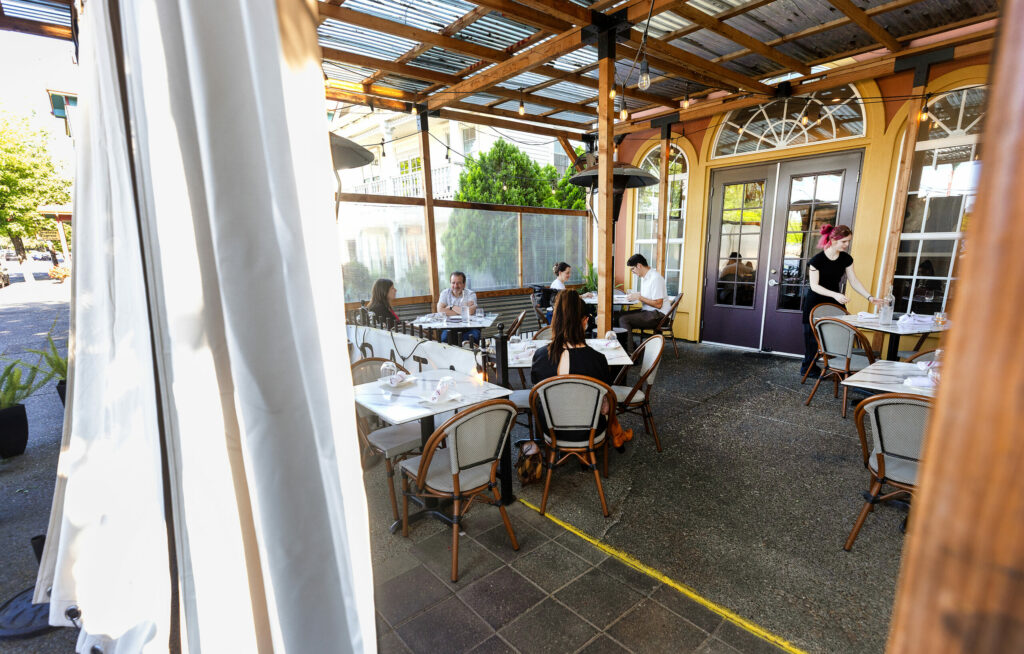 The outdoor patio seating at Grata