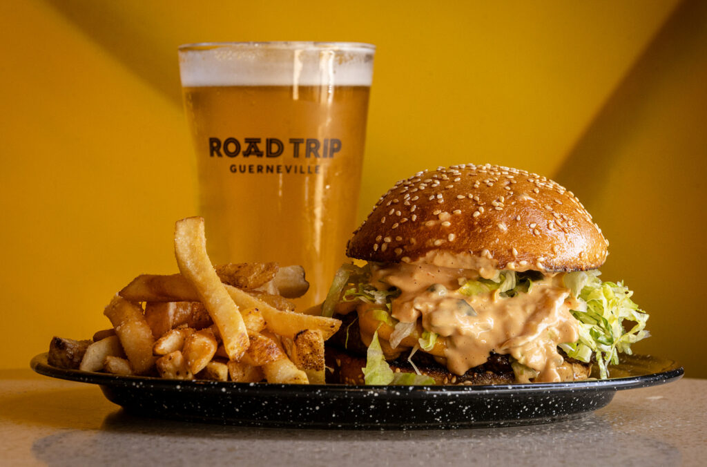 The Mac Daddy burger with a 7-ounce Oak Ridge patty and the secret sauce from Road Trip Monday, May 20, 2024, in Guerneville. (John Burgess/The Press Democrat)