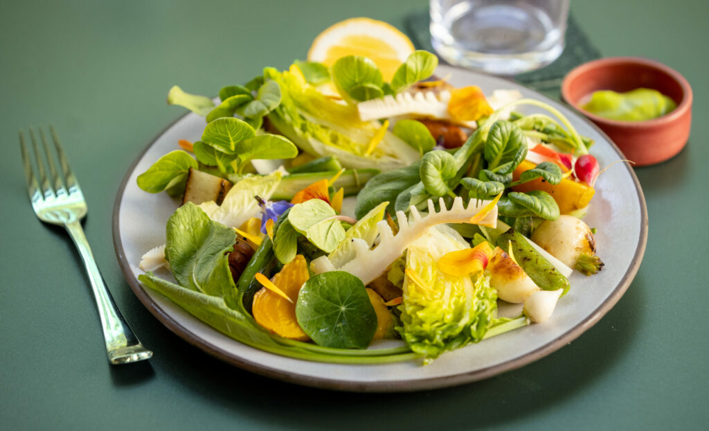 Plate of early summer vegetables from Bistro Lagniappe Thursday, June 19, 2025, in Healdsburg. (John Burgess / Press Democrat)