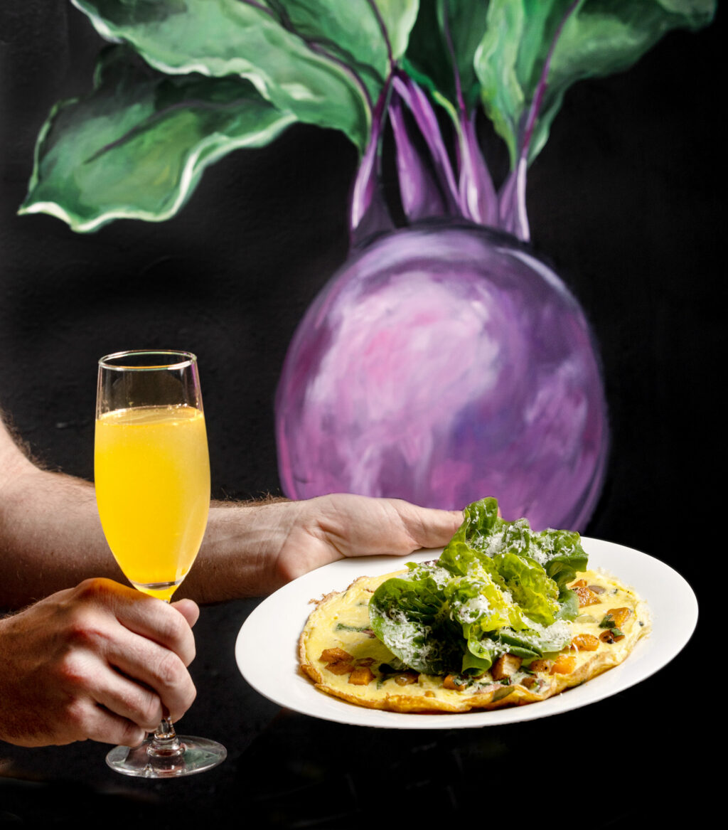Butternut Squash and Swiss Chard Frittata with Little Gem Salad and a Mimosa for brunch at the Beet Restaurant and Wine Shop Friday, September 13, 2024 in Cloverdale. (John Burgess / The Press Democrat)