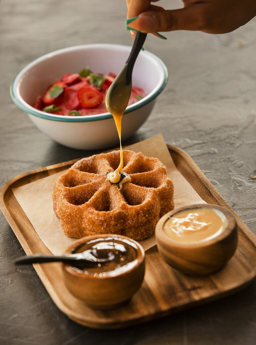 Fresas con Crema with poached strawberries, meringue, vanilla whipped Chantilly served with chocolate and caramel from Picobar at Solage, Auberge Resorts Collection in Calistoga on Thursday, September 23, 2021. (John Burgess/The Press Democrat)