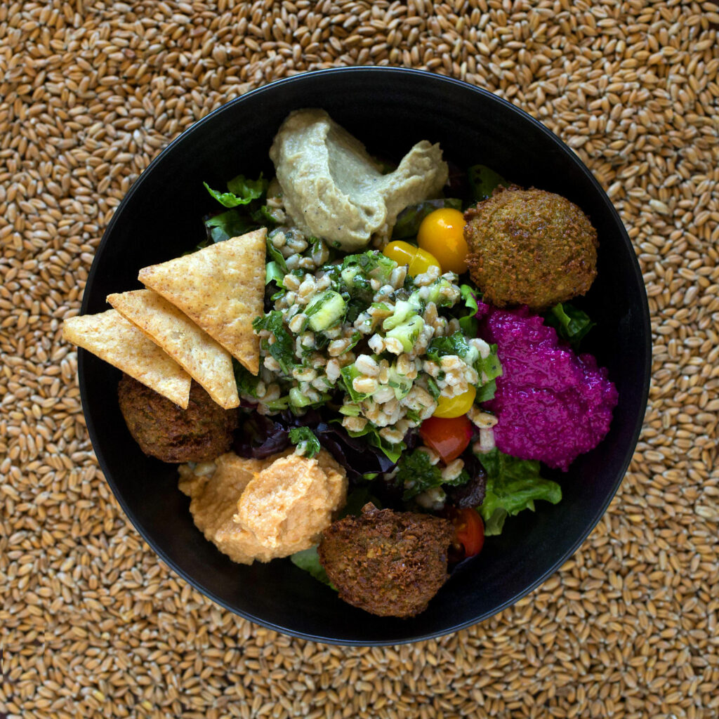 Maccabi Bowl with farro tabouleh, falafel, hummus, baba ganoush, beet & walnut dip, olives, mixed greens, whole wheat crisps from Matt Spector, chef and owner of Zoftig Eatery in Santa Rosa. (John Burgess/The Press Democrat)