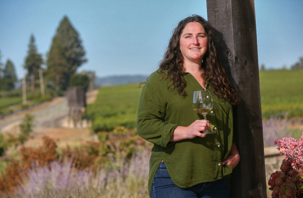 Emeritus Vineyards’ Mari Jones was the driving force behind the winery’s white Pinot Noir, produced from its famed Hallberg Ranch. Photo taken in Sebastopol, Wednesday, Sept. 13, 2023. (Christopher Chung / The Press Democrat)
