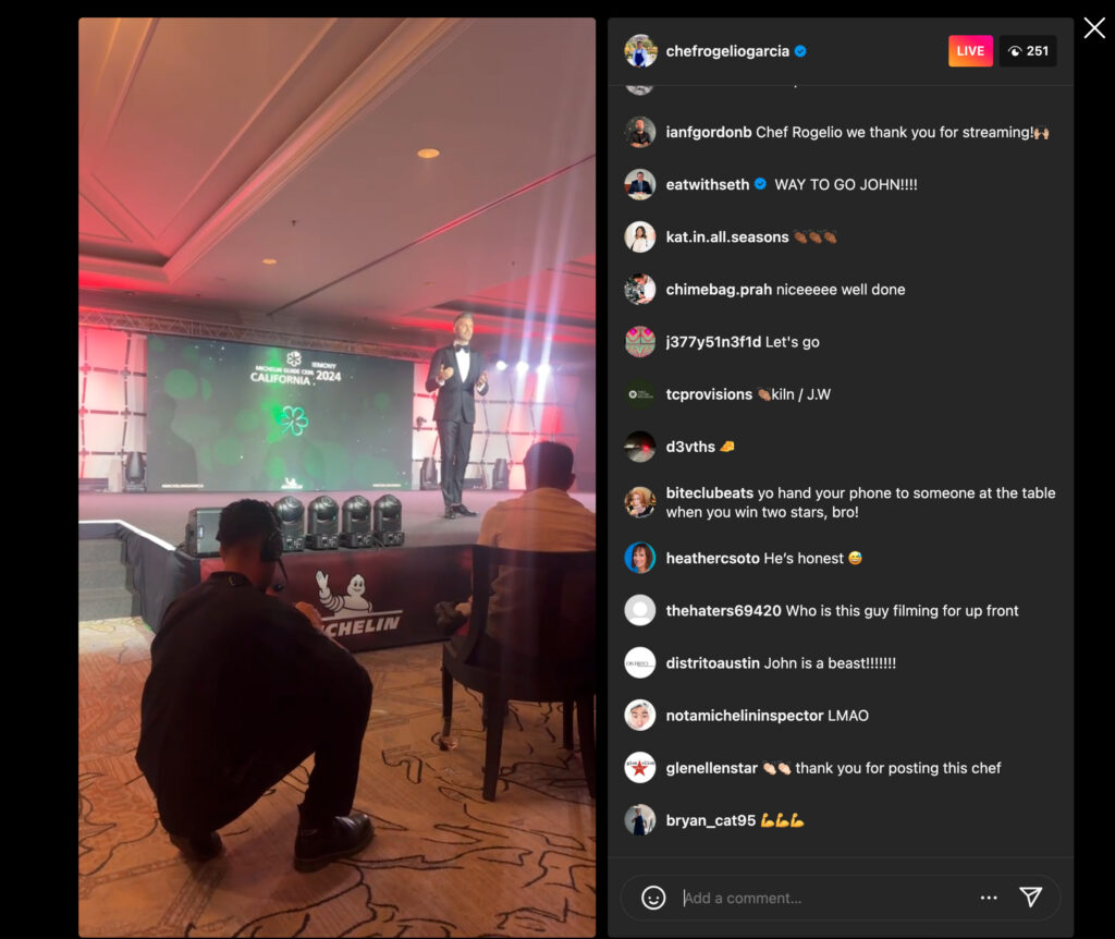 A screen grab of an Instagram live feed from Chef Rogelio Garcia