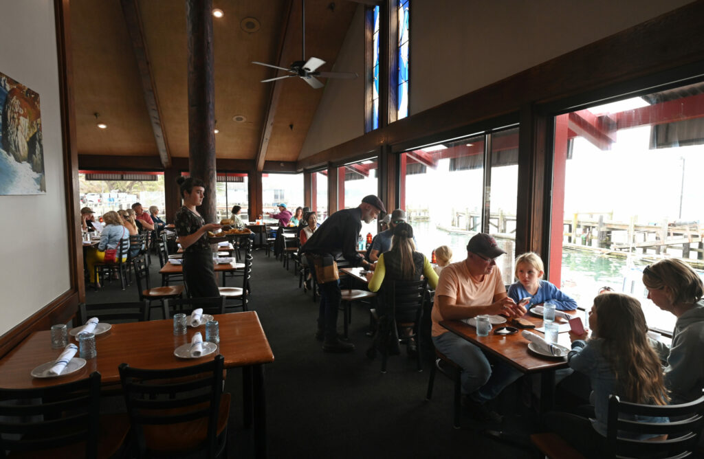 The dining area at Rocker Oysterfeller’s at Lucas Wharf in Bodega Bay on Friday, Aug. 23, 2024. (Erik Castro / For The Press Democrat)