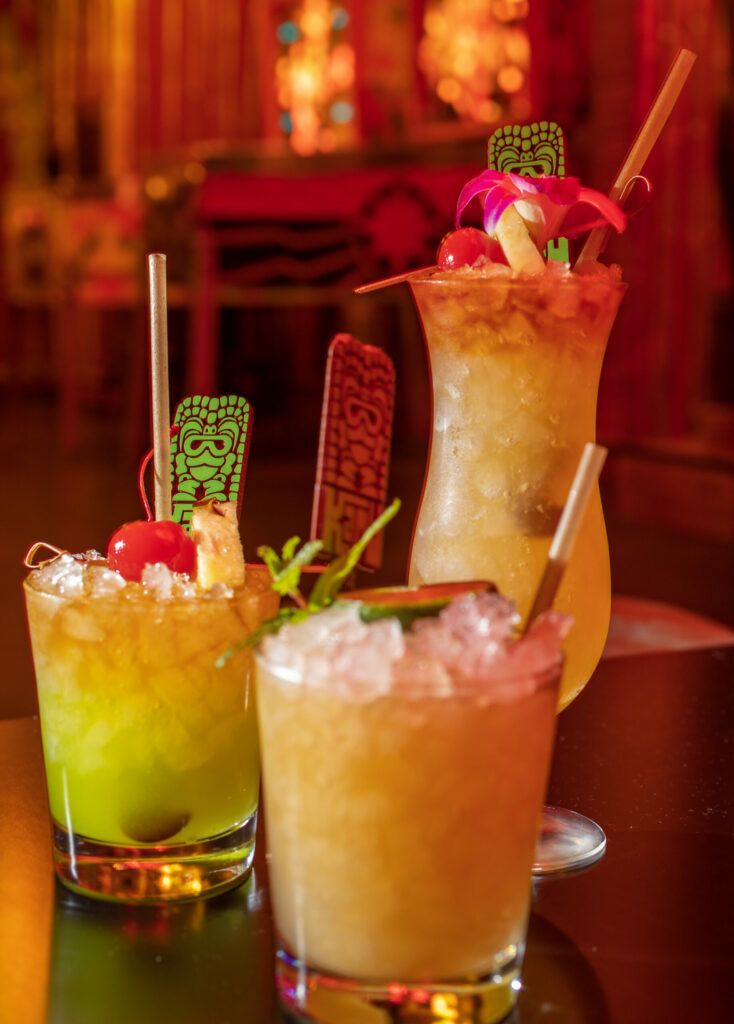 From left, Fink Bomb, Classic Mai Tai and the Tropical Itch at Kapu Bar, a tiki bar and restaurant in the heart of downtown Petaluma on Keller Street, Feb. 1, 2023. (Chad Surmick / The Press Democrat)